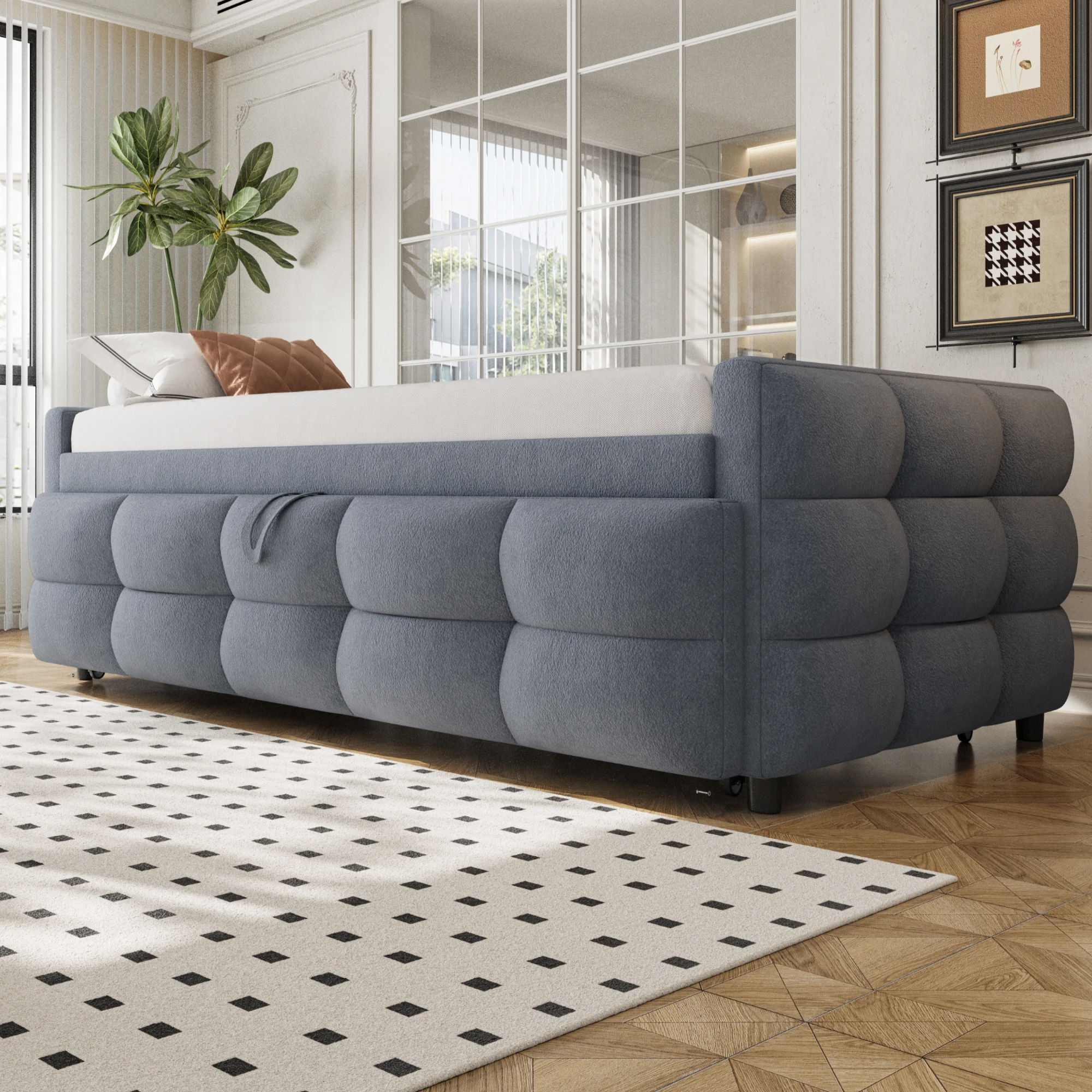 Gepolstertes Bett, ausziehbares Schlafsofa 90/180*190 cm, Puff-Bett, Teddy-Samtstoff, Einzelbett, Doppelbett, mit Lattenrost – Detail 24