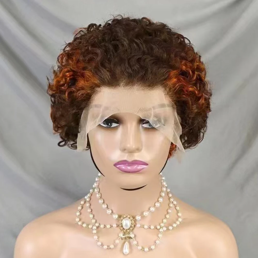 13x4  Lace Short Bouncy Kinky Curly Pixie Cut 100% Human Hair Wig 180 Density Transparent Lace Frontal Hair Wig for Black Women