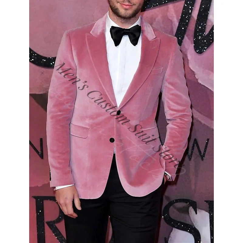Excellent Pink Mens Suits Velvet Wedding Tuxedos Peaked Lapel Slim Fit Prom Party Suits Popular Man Blazers Suit(Jacket+Pants)