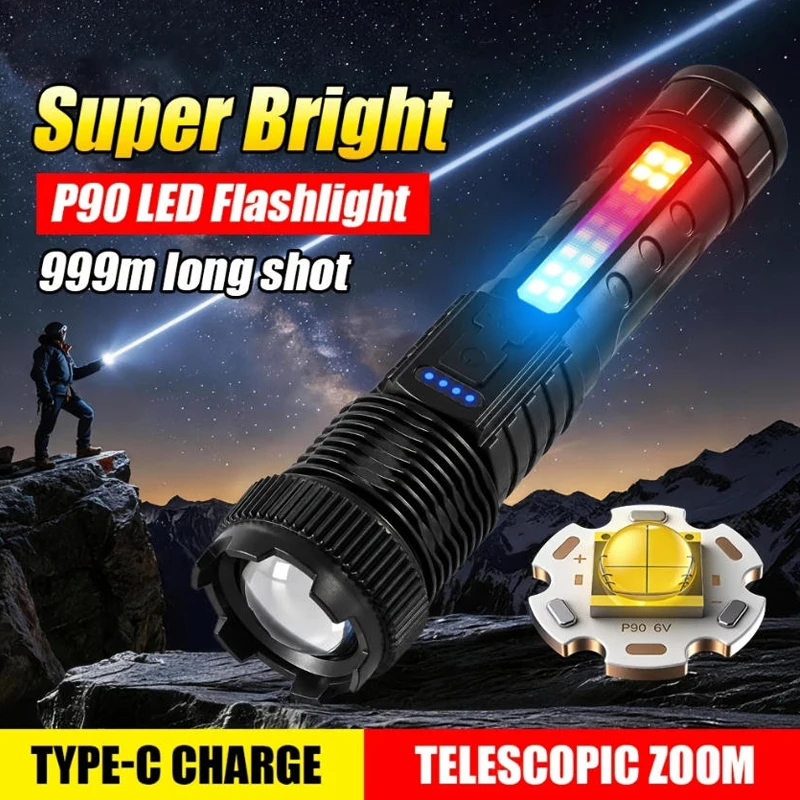 강력한 COB LED 손전등 TYPE-C 충전식 줌 기능이 있는 사이드 라이트 방수 토치 캠핑 하이킹 비상 야외용