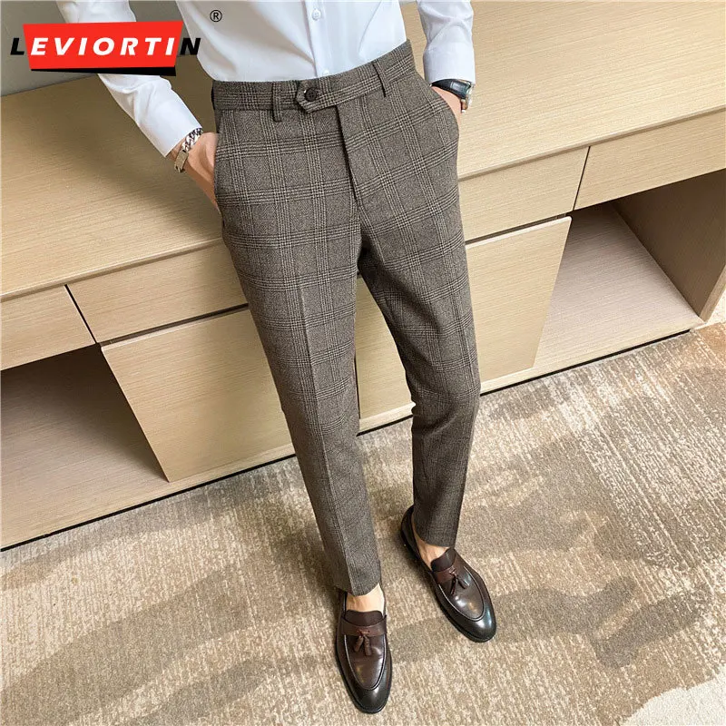 

2023 Spring and Autumn New British and Korean Version Non iron Slim Fit Checkered Suit Pants Fashion Versatile Casual Feet Pants