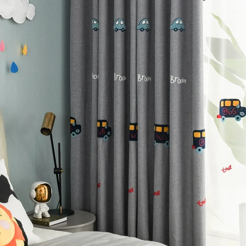 

Modern Cartoon 3D Car Towel Embroidery High Shading Curtains Grey Cotton-Linen Window Drapes For Kids Room Living Room Custom 1P