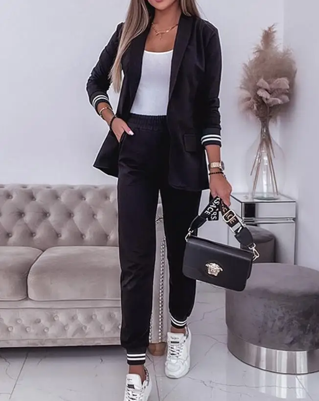 Summer Fashion Women's New Style Striped Shawl Neck Coat & Cuffed Pants Set Leisure and Comfortable Commuting Pants Set