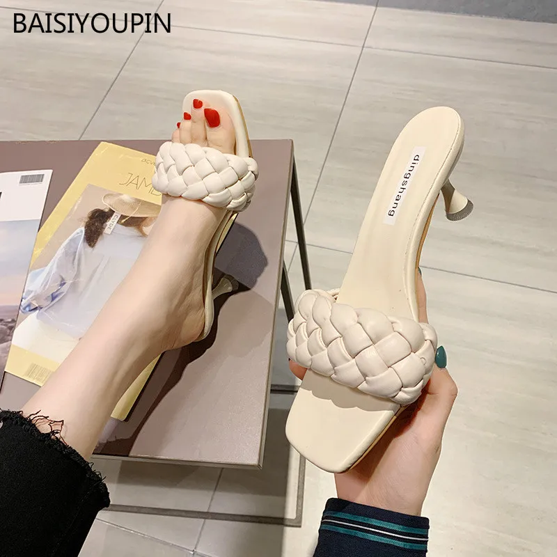 

2023 Summer Solid Slippers Women Fashion Outside Shallow Casual Student 7cm Thin High Heels Ladies Dress Open Toe Pumps Shoes