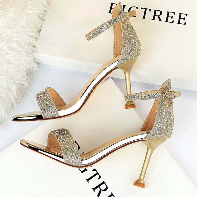 Damen Mode Funkelnde Silberne 8,5cm Hohe Absätze Sandalen Strass Knöchelriemen Pumps Trendige Festliche Abendschuhe – Detail 6
