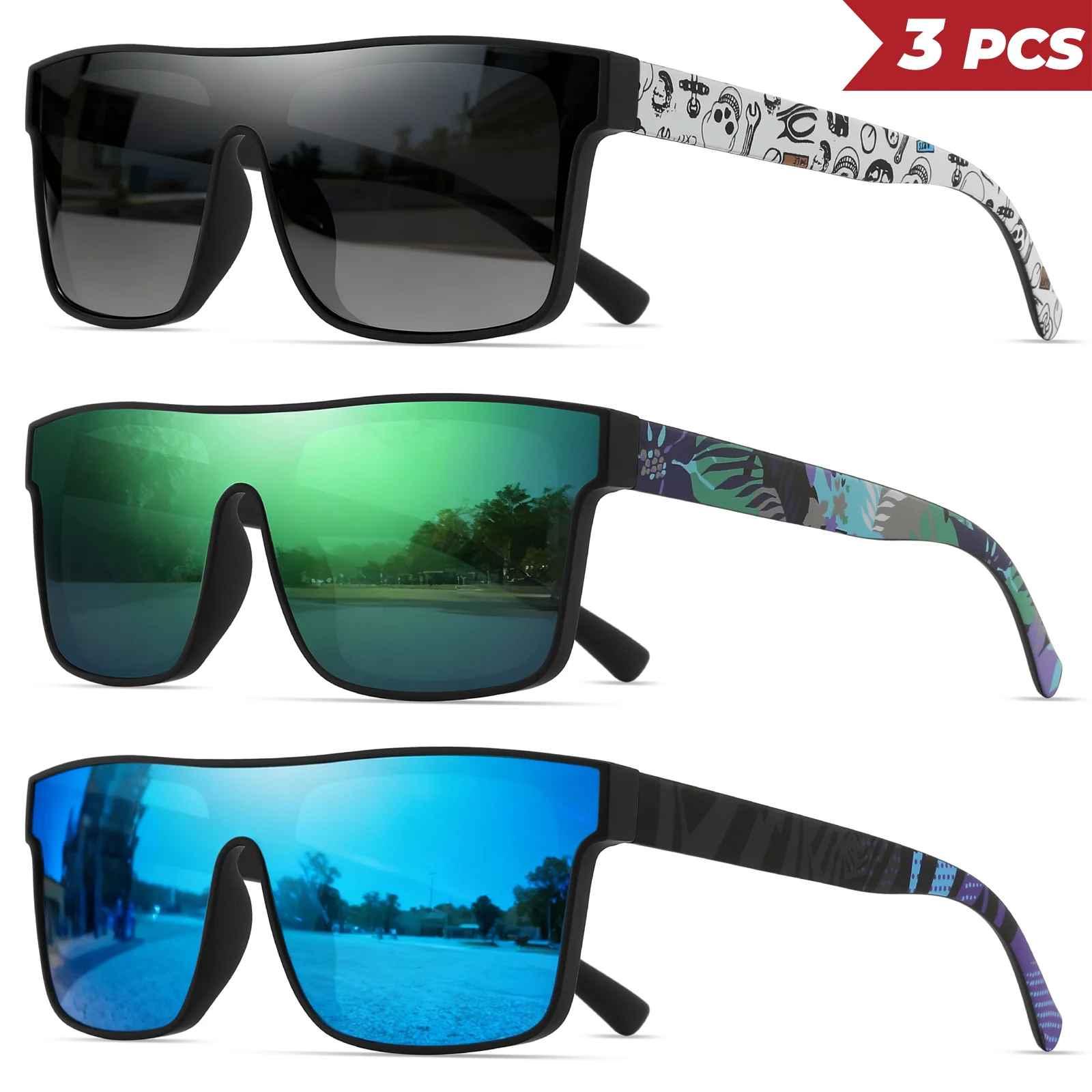 3 Stück klassische quadratische modische Sport-Sonnenbrille – gemusterte Bügel, Unisex für Radfahren, Wandern, Reisen – perfektes Geschenk – Detail 15