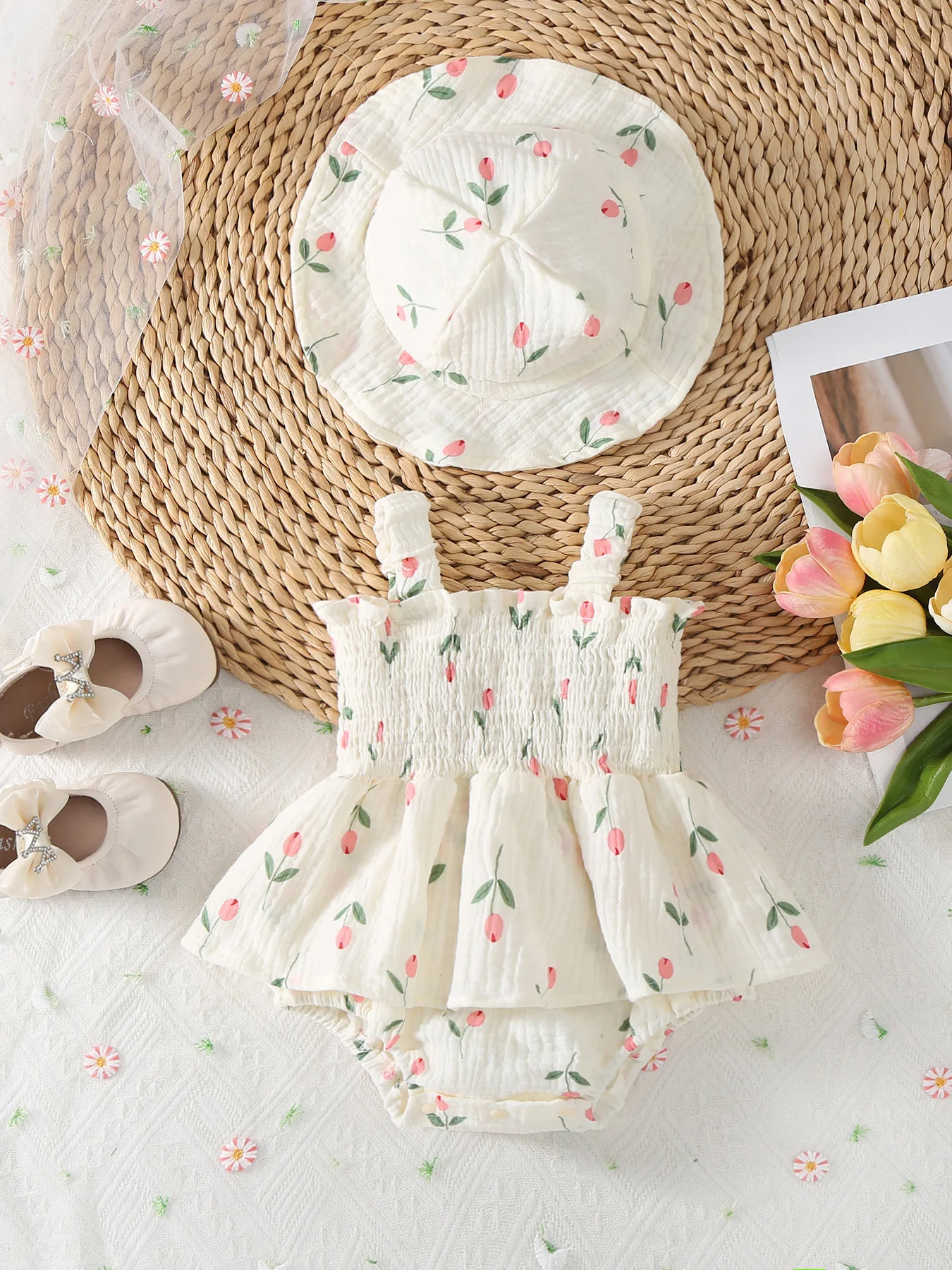 2025 Summer Baby Girls Bodysuit & One Piece Full of Tulip Print Girls Clothes Camisole Bodysuit With Hat 1