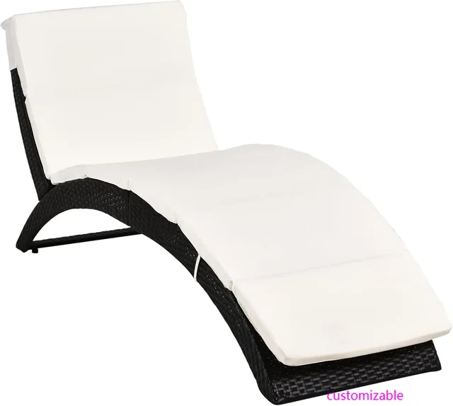 2025-NewPatio Foldable Wicker Chaise Lounge, PE Rattan Outdoor Lounge Chair, Bed with Cushion for Garden, Backyard, Lawn, Beige