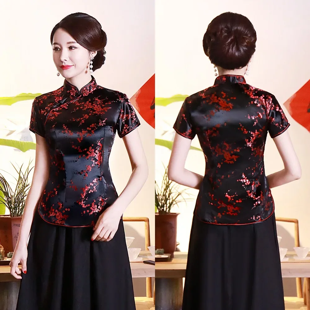 Women Chinese Shirt Satin Blouse Vintage Flower Traditional Sexy Summer Novelty Dragon Clothing Tops 3XL 4XL