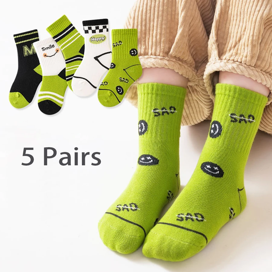 5 Pairs/Lot Children's Socks Autumn Winter Green Letters Korean ins Style Boys And Girls Socks Casual Comfortable Kids
