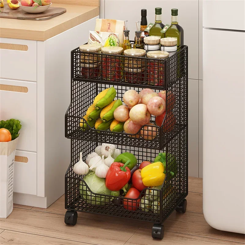 Iron Kitchen Rack Floor-standing Multi-layer Fruit Vegetable Storage Trolley Living Room Toy Storage Mobile Snack Cart N