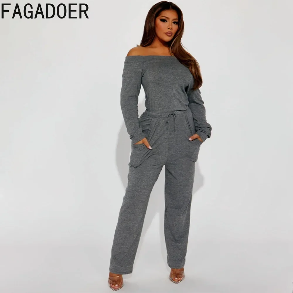 FAGADOER Autumn Casual One Shoulder Long Sleeve Slim Jumpsuits Women Solid Color Drawstring Pocket Playsuits Female Home Overall