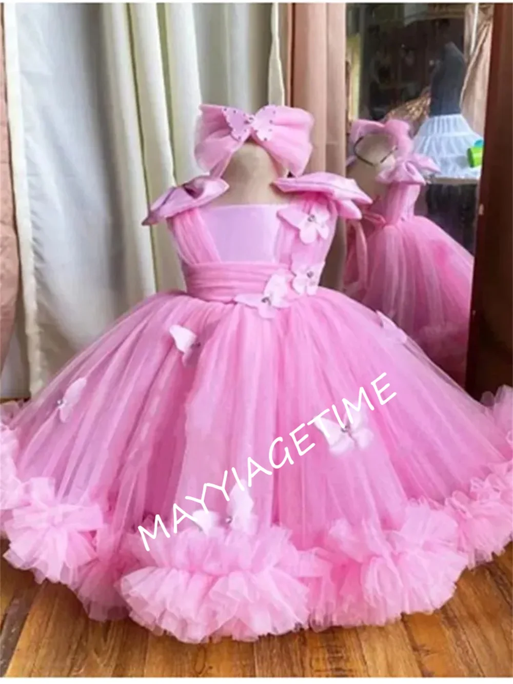 

Ball Gown Customized Flower Girl Dresses Layers Tulle 3D Butterflies Princess Birthday Gowns First Communion Dress