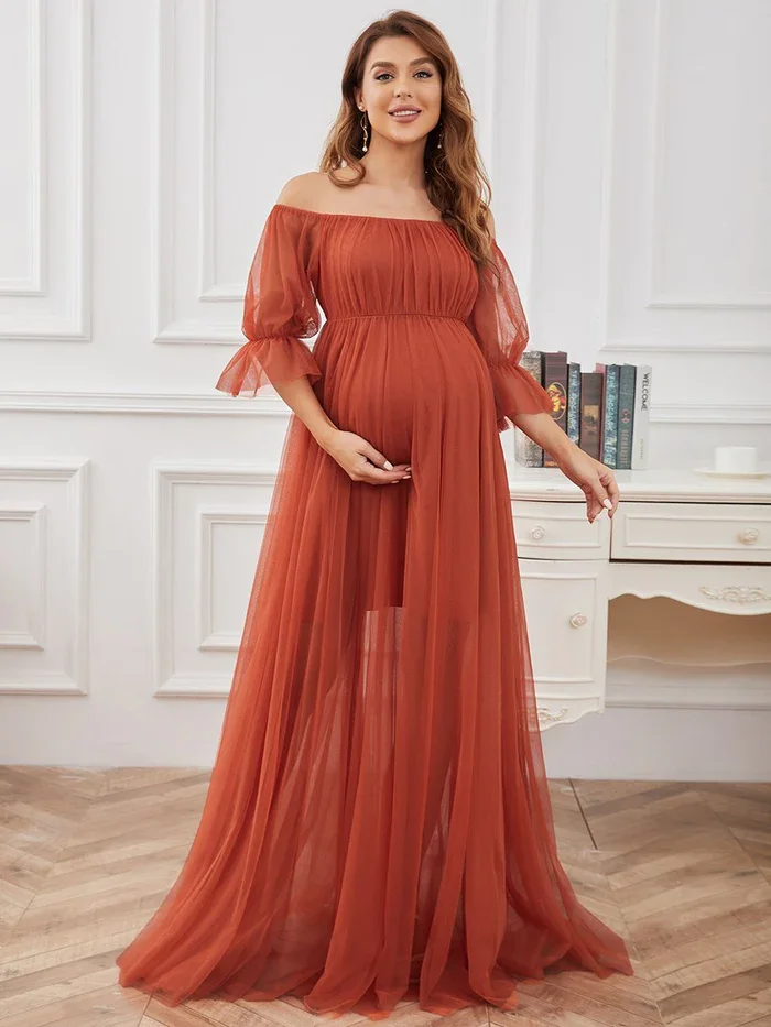 

A Line Sheer Off-Shoulder Double Skirt Maxi Short Puff Sleeves Maternity Dress