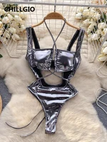 CHILLGIO Women Sexy Metallic Feeling Jumpsuits Skirts Clothing Sets Hollowed Bandage Halter Rompers Combi-pants Tight Bodysuits - Image 3