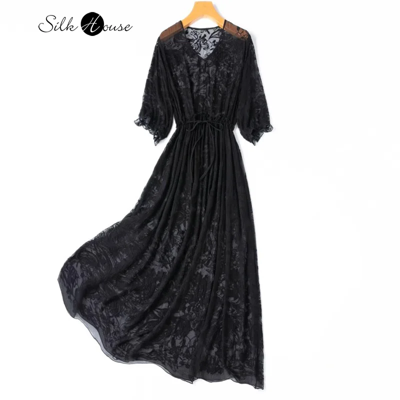 

Heavy Industry Embroidered Natural Mulberry Silk Georgette Half Perspective V-neck Black Loose and Flowing Women's Dress