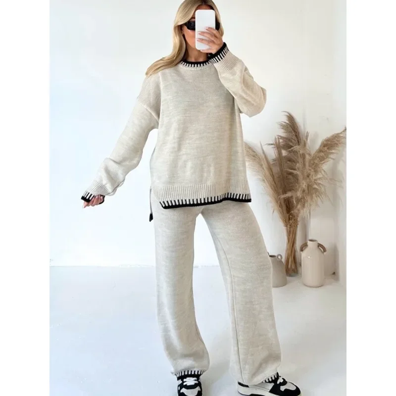 Striped Elegant Women Knitted Suit Split Sweater Top and Elastic High Waist Straight Pants 2 Pieces Set Female Autumn Winter