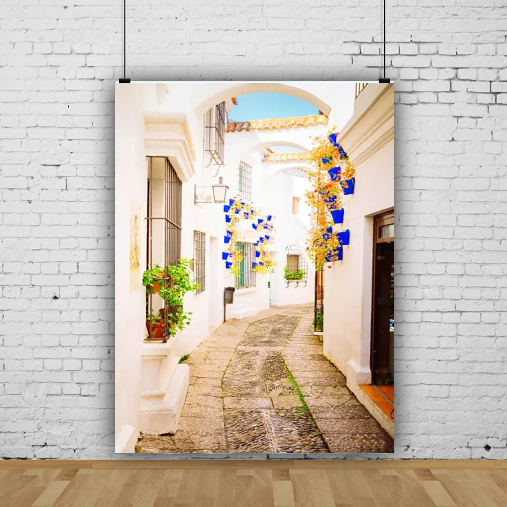 SHENGYONGBAO Santorini Greek Aegean Sea Holiday Party Decoration Bay Town Architecture Flowers Photography Background XC-08