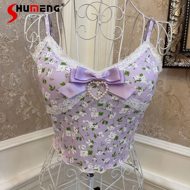 

Japanese Rojita Style Cute Ins Camisoles Purple Floral Bow Heart-Shaped Lace Slim Fit Midriff-Baring Short Top Padded Strap Vest