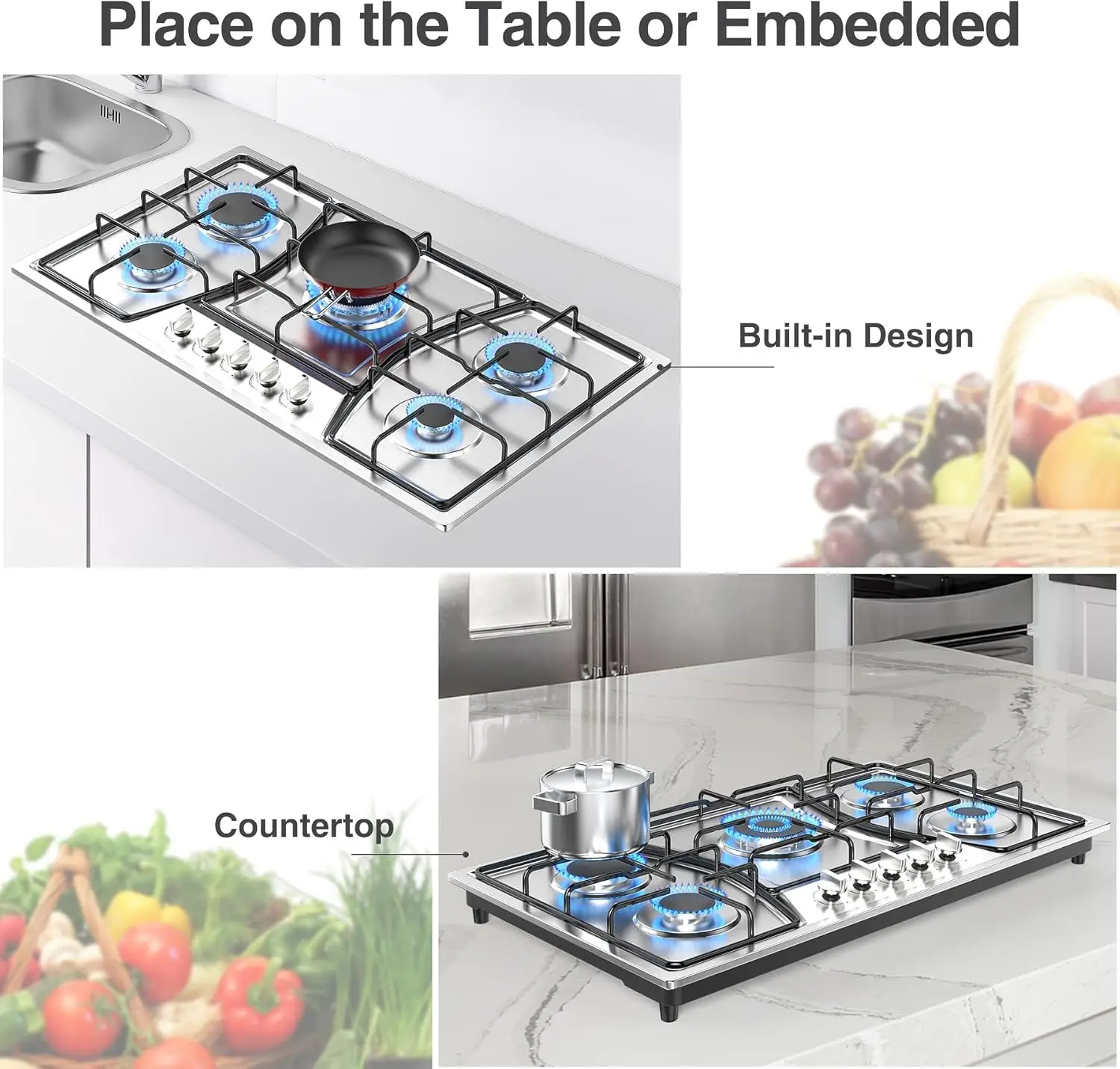 Stove Top Stainless Steel, Built-in Gas Propane Cooktops with Thermocouple Protection, NG/LPG Convertible, Electronic Ignition G 3