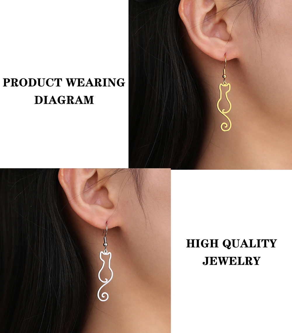 Cat Silhouette Drop Earrings for Women Stainless Steel Cute Cat Hollow Geometric Dangle Earrings Jewelry - PeticaDeals