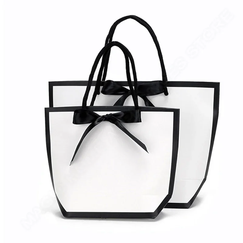 50pcs Ribbon Bow White Paper Tote Gift Bags with Handles Shopping Party Wedding Party Birthday Retail Bags