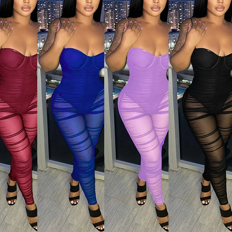 

Women Summer Mesh Sexy Evening Clothes Slash Neck Sleeveless Jumpsuits One Piece Outfit Patchwork See Through Stacked Rompers