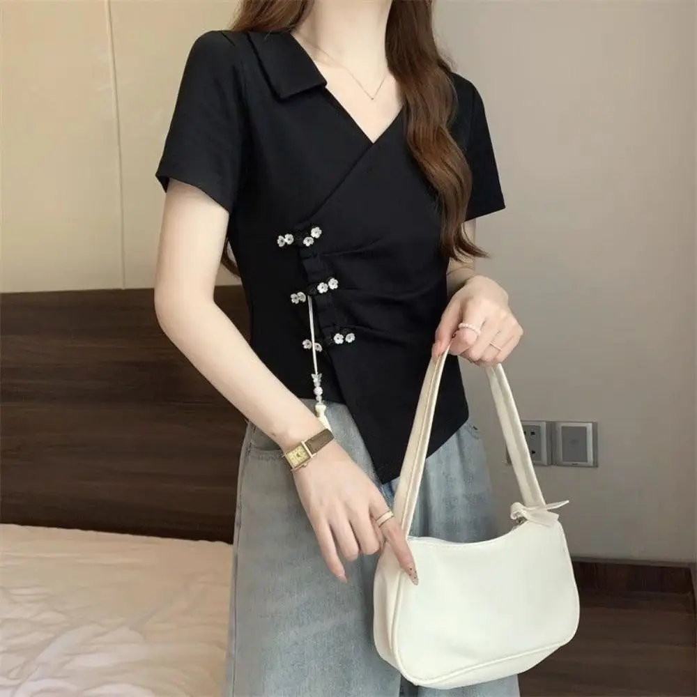 Tassel Pendant Irregular V-neck T-shirt Lapel Chinese Style Women's Slim Crop Tops Female Summer Tops Flower Button