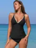 Womens Tankini Swimsuits V Neck Push Up Swim Top Color Block Tummy Control High Waisted Bathing Suits Swim Bottom