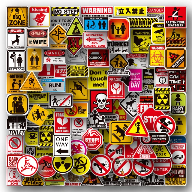 10/30/50/100pcs Cartoon Warning Stickers Danger Banning Skateboard