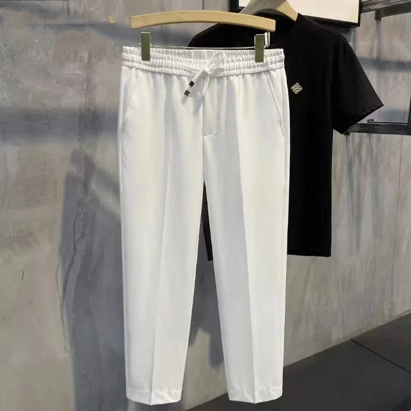 2024 Summer Minimalist Solid Color Men's Pants Pockets Elastic Drawstring High Waisted Loose Straight Business Casual Trousers