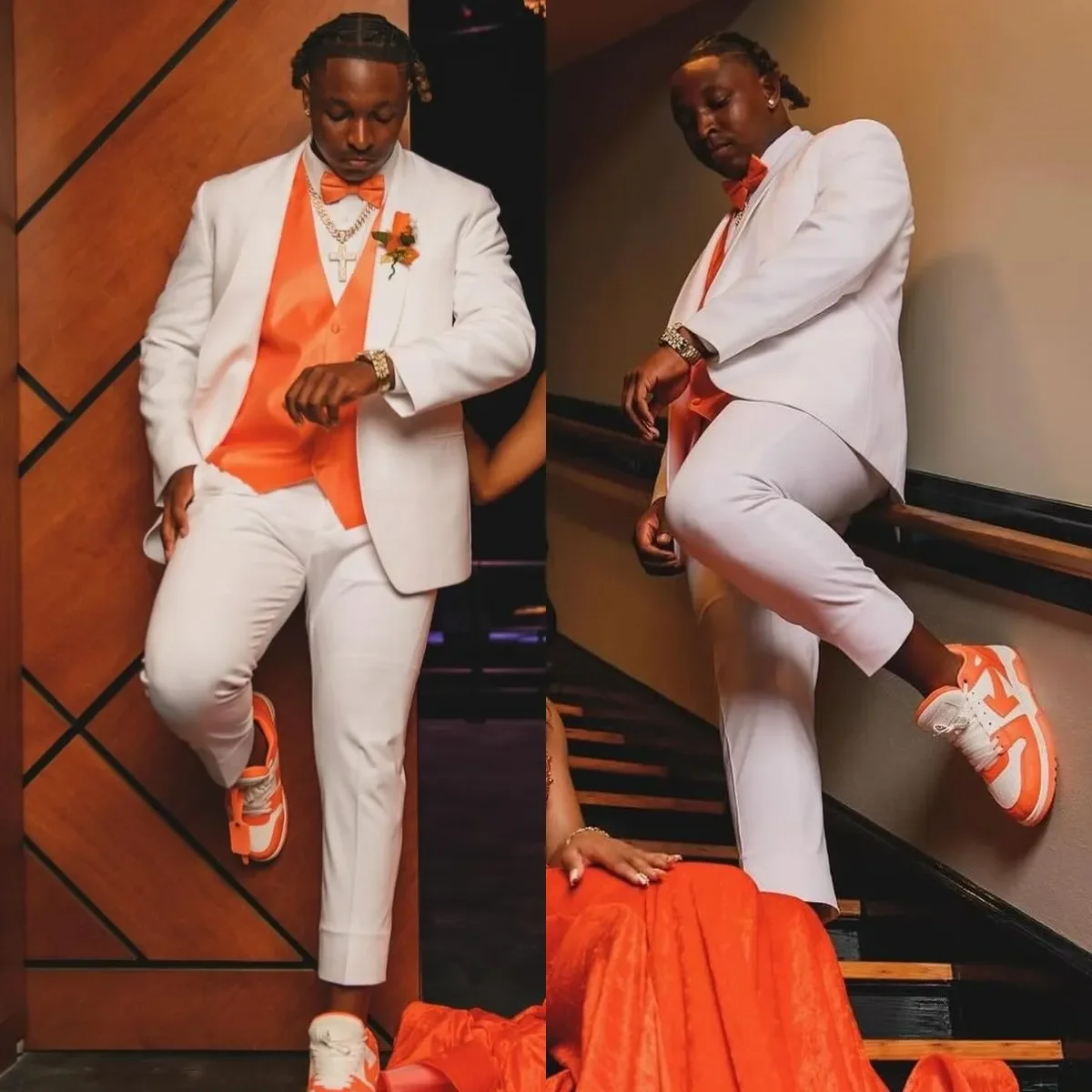 Handsome Orange White Mens Suit Shawl Lapel Wedding Tuxedos Three Pieces Groom Wear Buttons Formal Prom Evening Blazers with Ves 4