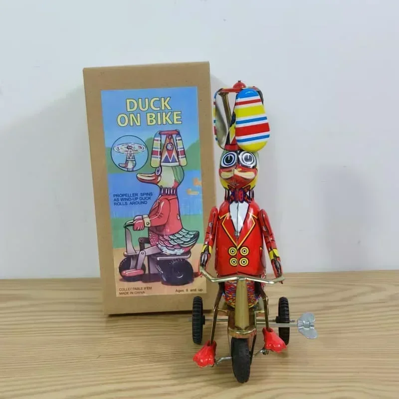 Adult Collection Retro Wind Up Toy Metal Tin Duck on Bike Robot Mechanical Clockwork Toy Figure Model Kids Baby Gift
