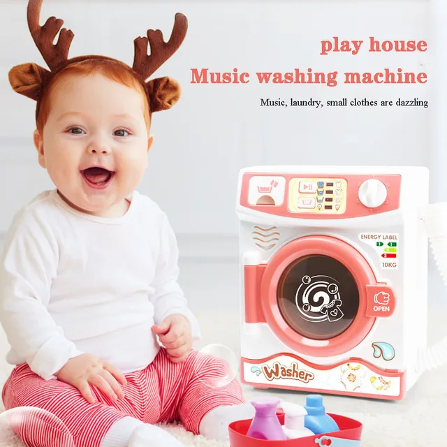 Children's pretend play house toy simulation electric rotatable washing machine light music toy set girl children's gift 6