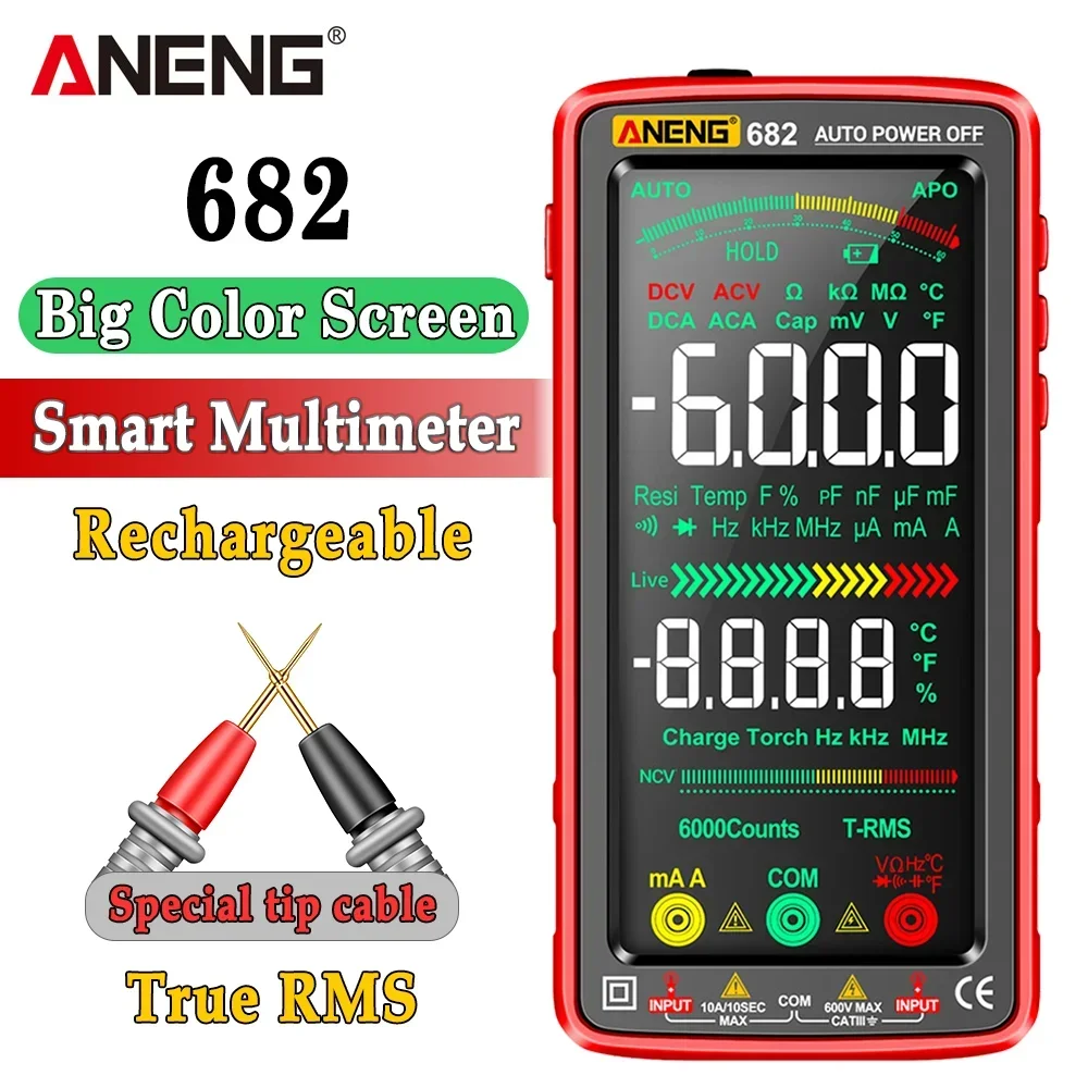 ANENG 682 Wiederaufladbares Multimeter mit VA-Reverse-Display, Amperemeter, Voltmeter, Summer, Kondensator-Tester, Ohm- und Temperaturmessgerät