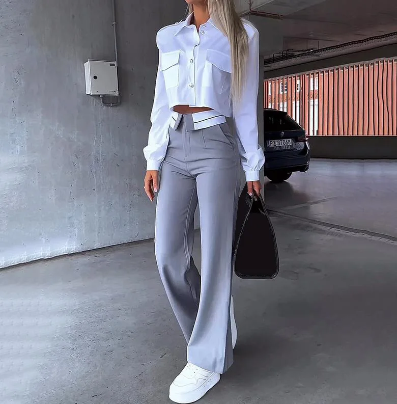 

Autumn New Fashion Loose Trousers Two-Piece Set Outfits for Women Commuter Casual Woman Long Sleeve Shirt & High Waist Pants Set