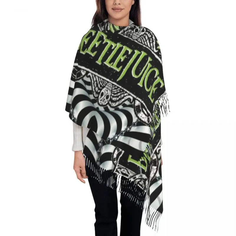 

Horror Beetlejuice Scarf Wrap for Women Long Winter Fall Warm Tassel Shawl Unisex Halloween Horror Film Scarves