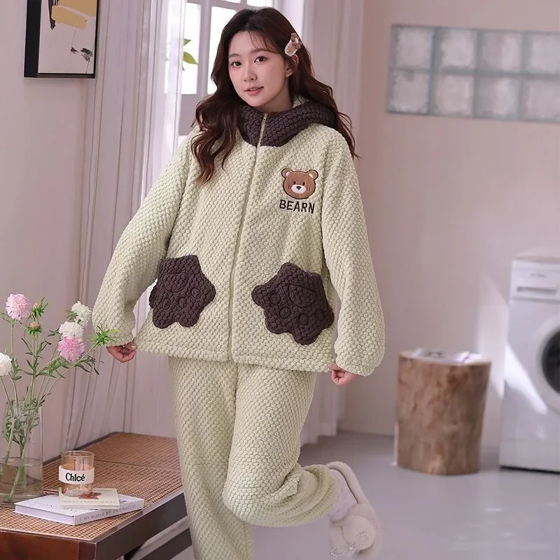 2024 New Coral Fleece Winter Pajamas Women's Long Sleeve Loungewear Velvet Thickened Warm Sleepwear Flannel Zipper Homewear Set
