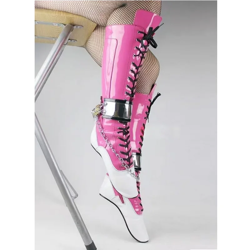 CACA New Custom Queen Ballet Boots,Women's Fetish Booties,Men Cosplay Dance Shoes,Chain Lock SM Botas,18cm,Peach White,