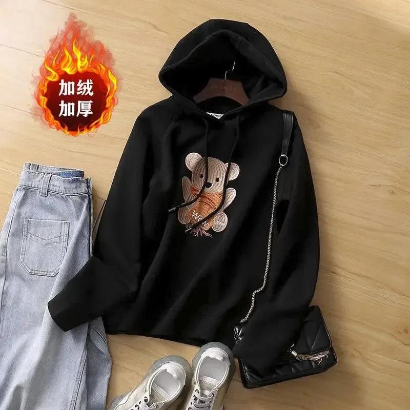 

Fashion Loose Oversized Pullover Korean Retro Tops L-4XL 2024 Spring and Autumn New Women's Embroidered Plush Thickened Hoodies