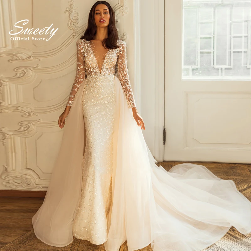 Luxury Detachable 2 In 1 Wedding Dress Embroidered Lace On Net With Train V-neck Sleeveless Vintage Bride Gowns Vestido De Novia