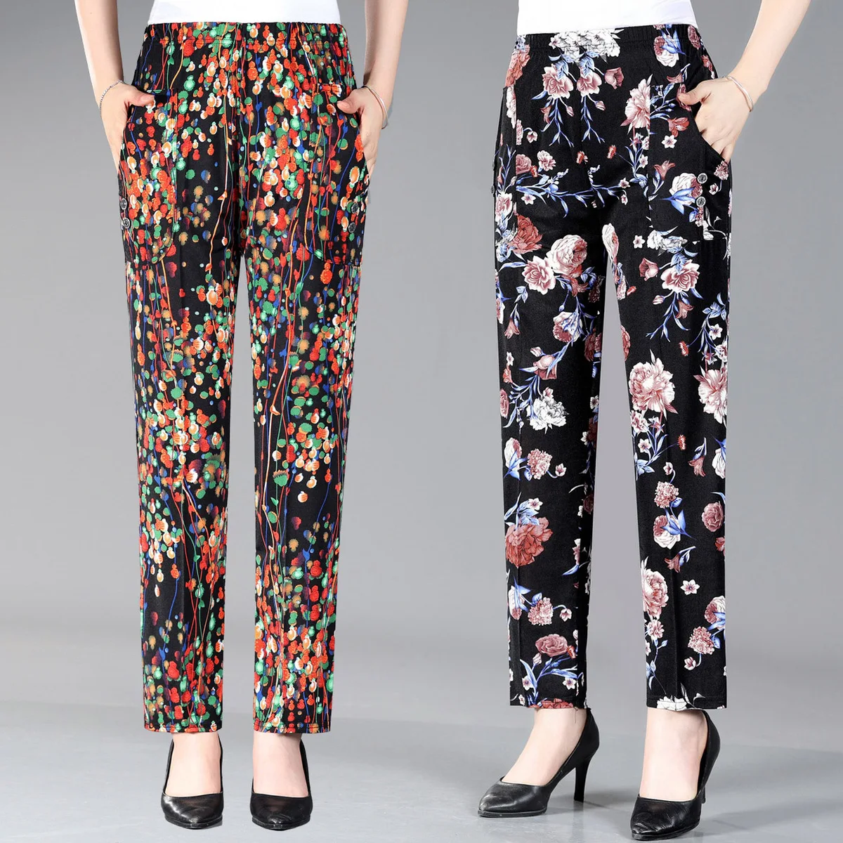 Middle-aged And Elderly Women's Pants 2024 Summer Thin High Waisted Elastic Mom's Floral Printed Trousers 4XL