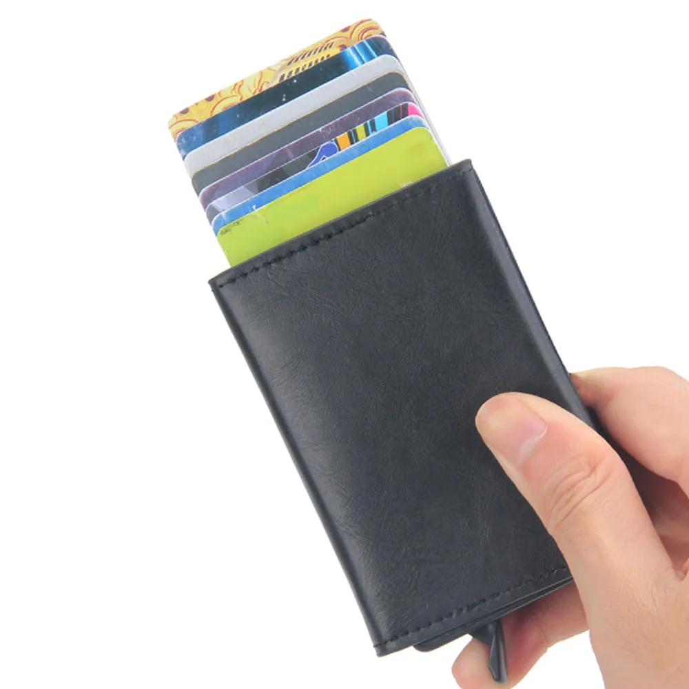 남성용 안티 RFID ID 카드홀더 케이스, 가죽 금속 지갑, 동전 지갑, 지퍼가 달린 미니 탄소 신용카드 홀더 카드홀더