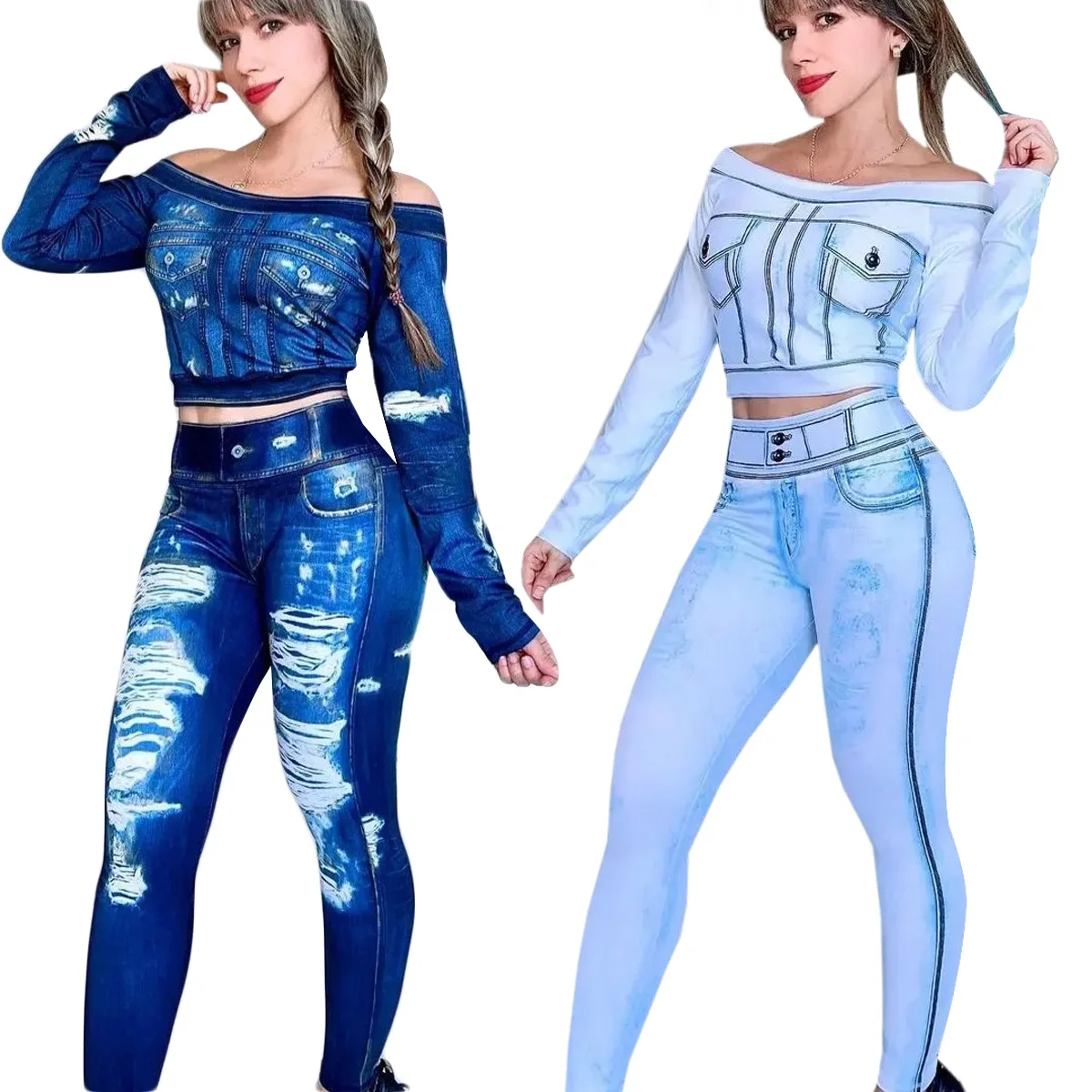 

3D Faux Denim Print Women Legging Pants Set Sexy Off Shoulder Long Sleeve Tops & High Waist Long Pencil Pants Two Piece Suits