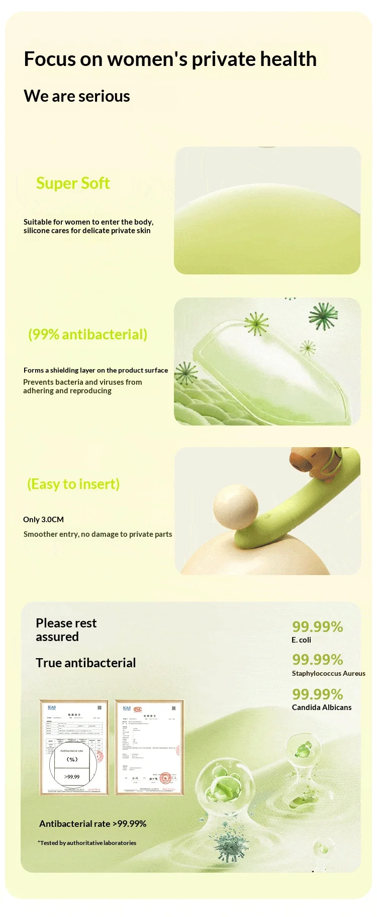 Split design massager with soft green body, rounded shape, and private adult wellness presentation