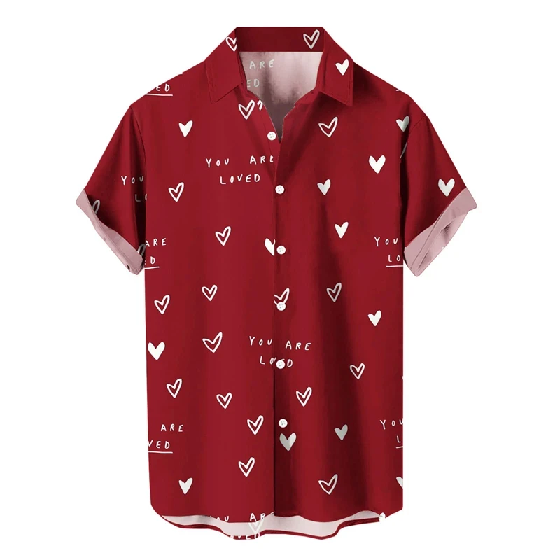 thumbnail image 1 of Camisas casuales con estampado de amor en 3D para hombre, camisa de playa de estilo hawaiano de manga corta a la moda, ropa de gran tamaño para hombre, 1 of 5