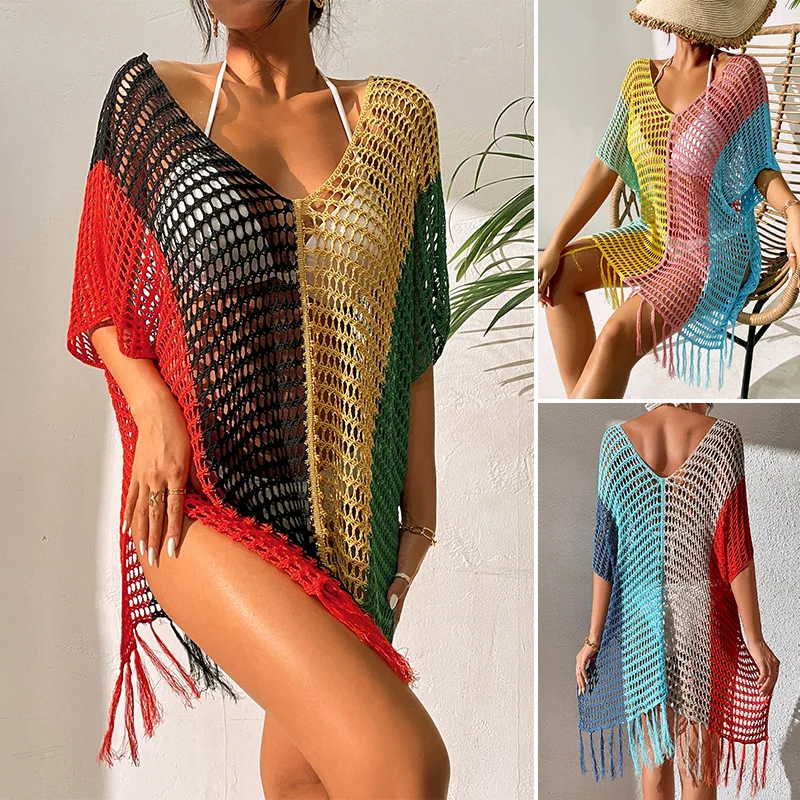 color-contrast-sexy-loose-pullover-cover-ups-v-neck-tassel-hollow-out-beach-sunscreen-bikini-coverups-beach-blouse-for-women