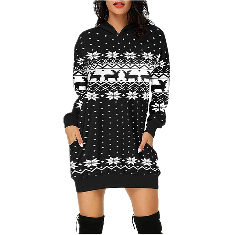 White Snow Print Pockets Sweatshirts Women Autumn Winter Long Hoodies New Casual Black Christmas Roupas Feminias Black Green Red