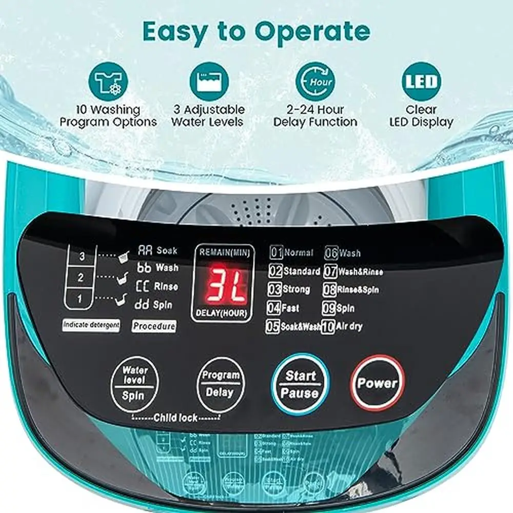 Portable 7.7lbs Washing Machine Full Automatic Laundry 10 Programs 3 Water Levels Compact Washer Combo Spinner Stainless Steel 3