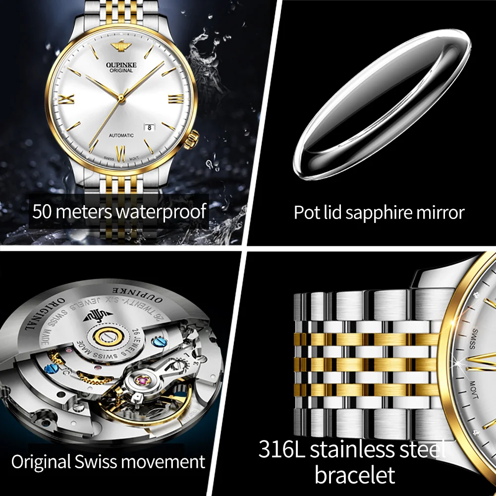 OUPINKE 3269 Ultra Thin 7.3mm Men's Watches Luxury Swiss Mechanical Movement Automatic Watch For Man Auto Date Waterproof Watch